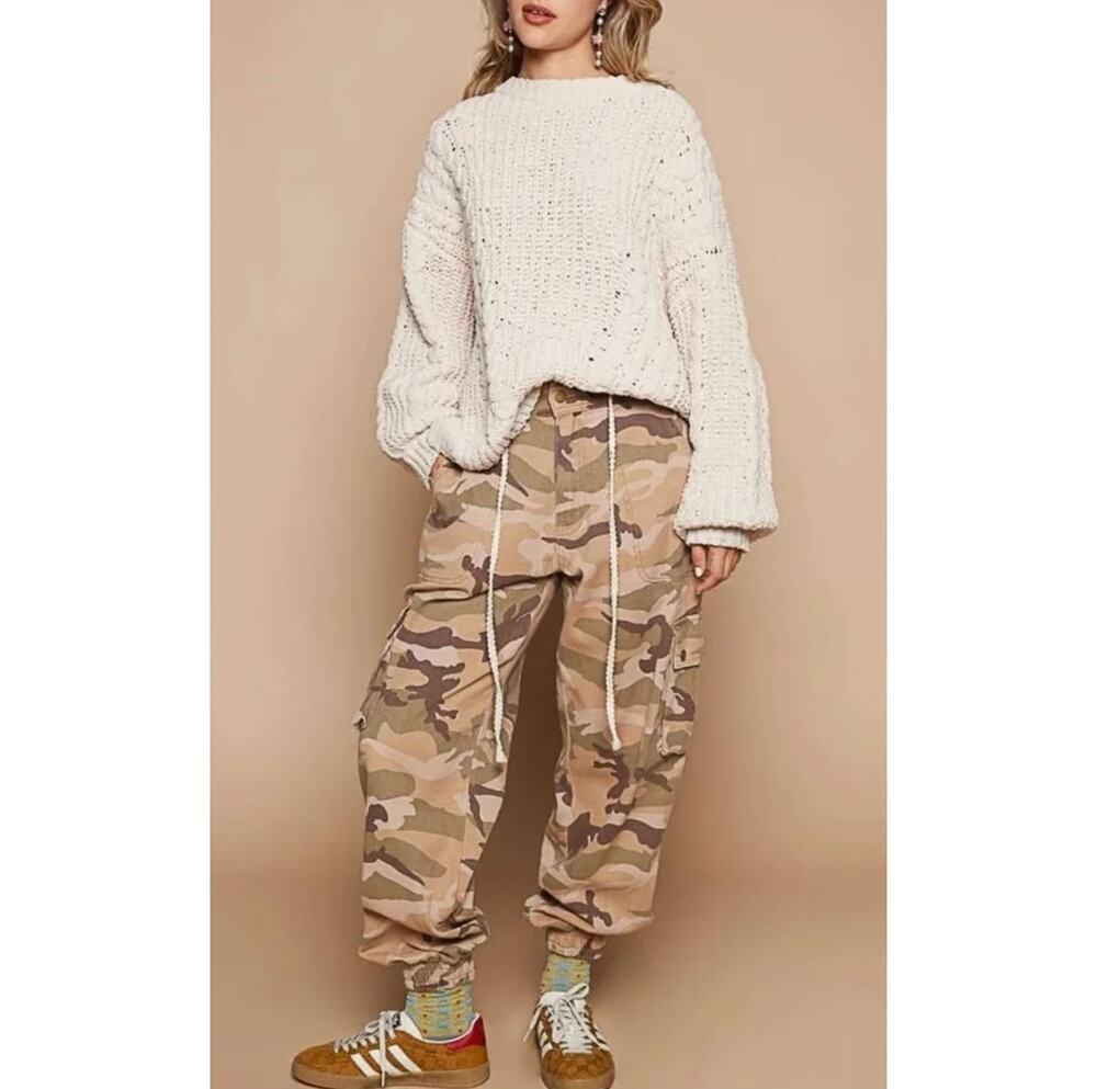 Pol Camo Cargo Jogger Pants Small Brown Tan Belted 100% Cotton Twill Baggy